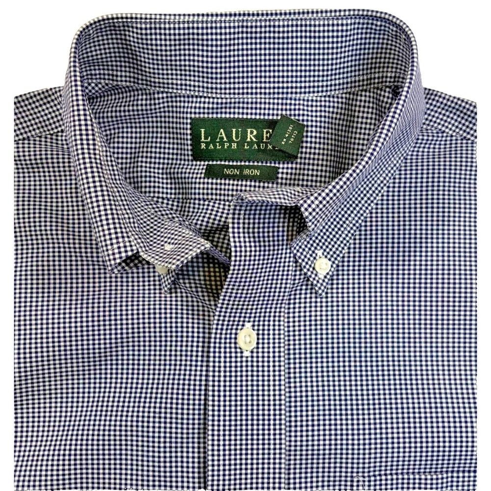 Lauren Ralph Lauren Button Down Shirt Mens 15.5 Navy Gingham Non Iron Cotton
